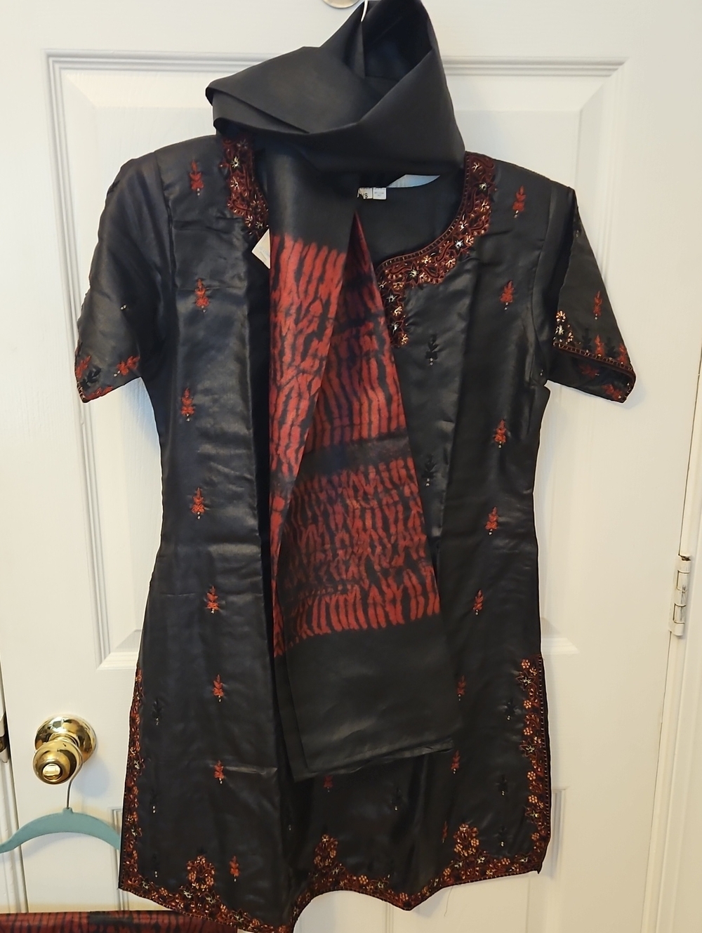Black & Deep Red Embroidered Punjab Tunic with Matching Scarf And Pants